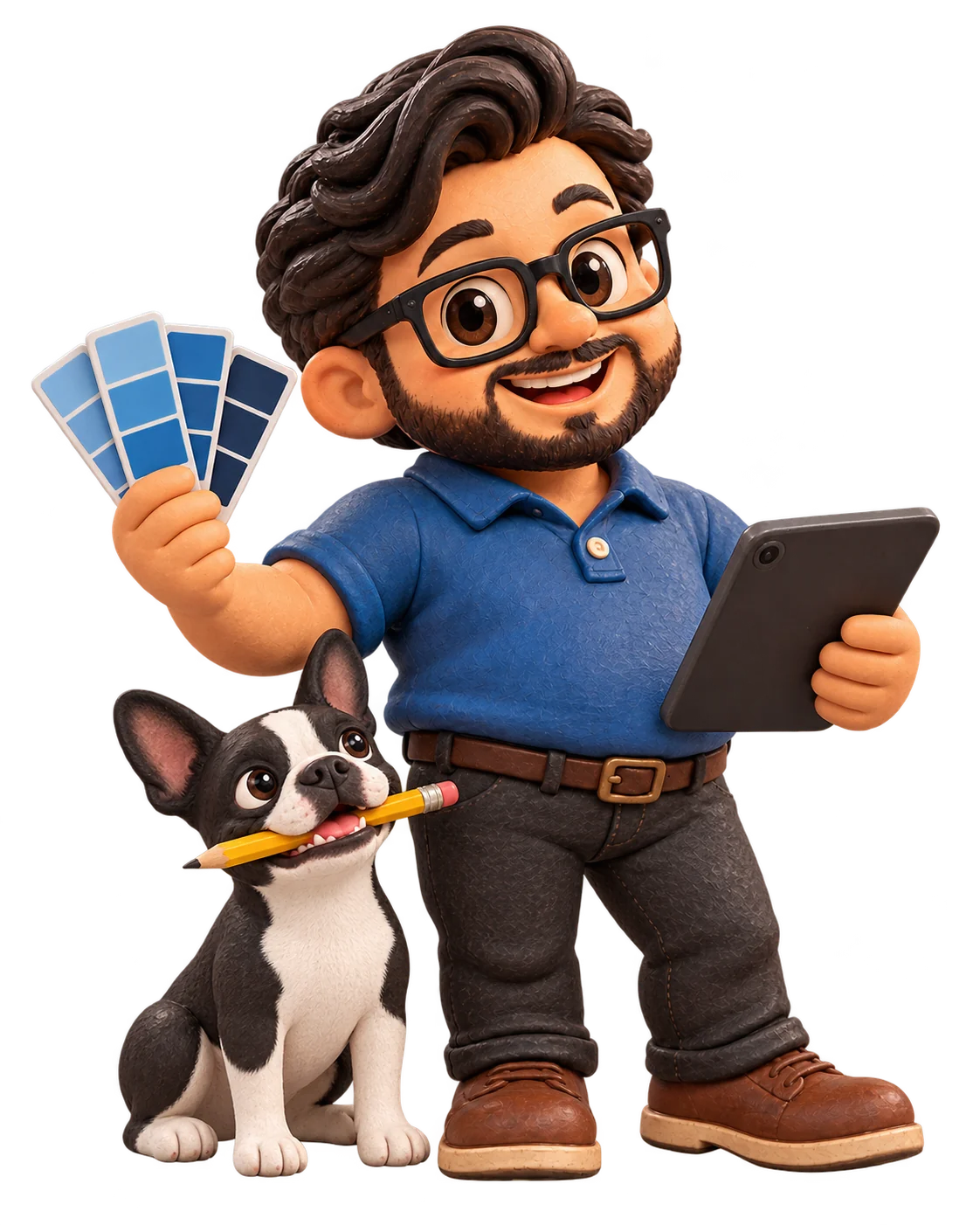 Clay designer with blue color swatches and tablet beside a Boston terrier carrying a pencil