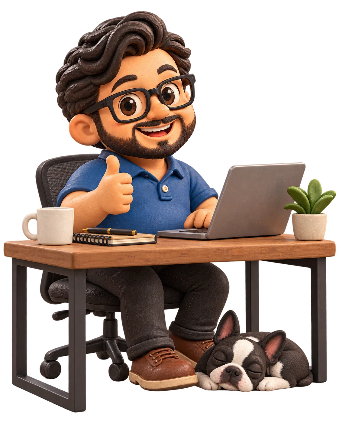 Clay founder-inspired mascot working at a laptop while Boston terrier sleeps beneath desk