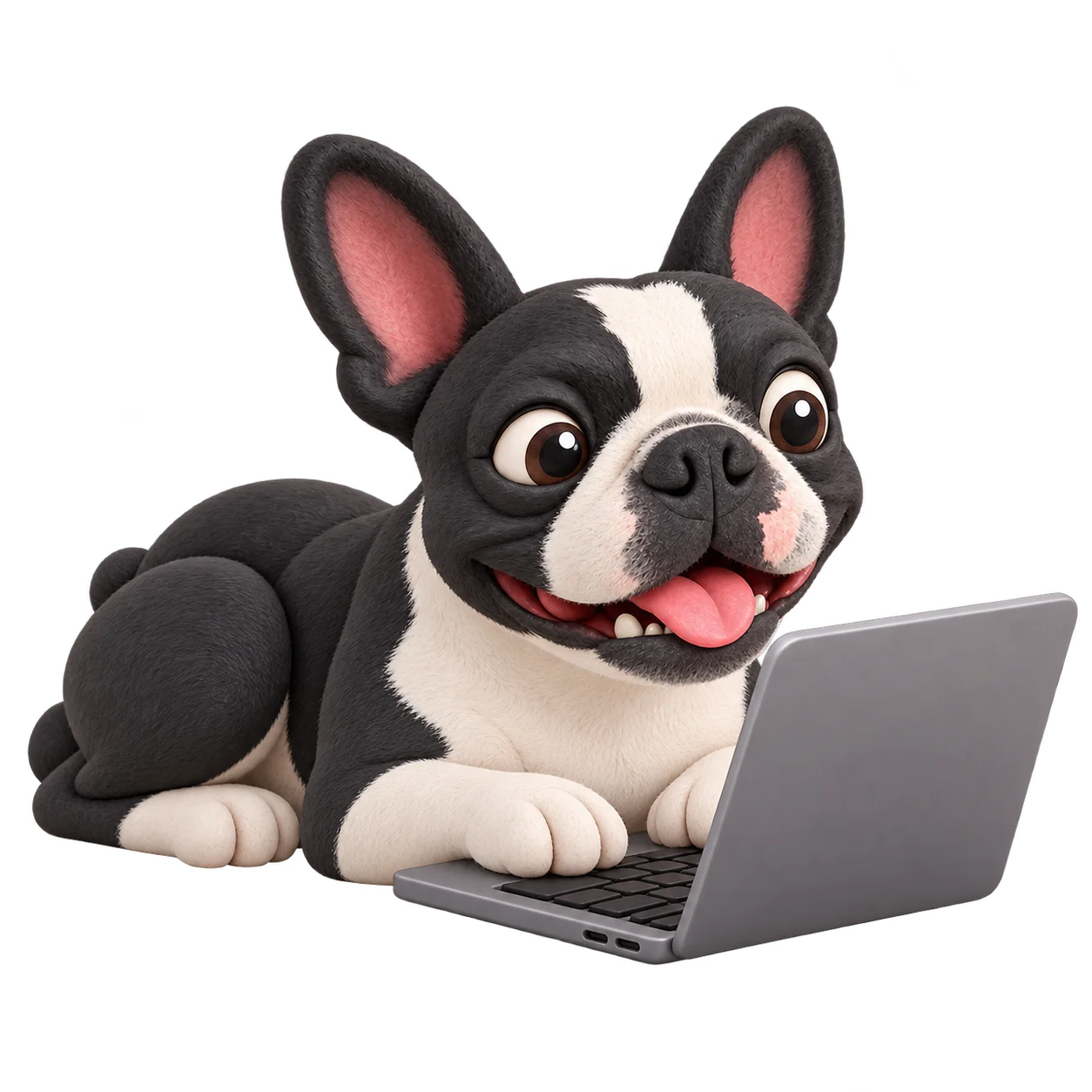 Handcrafted clay Boston terrier lying down and looking at a laptop screen