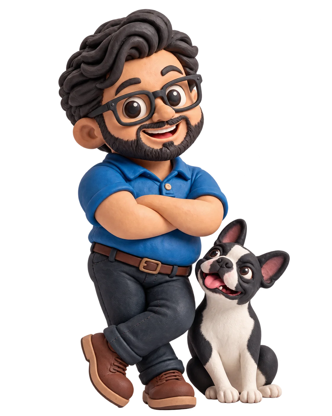 Friendly handcrafted clay mascots: the MJM Digital founder in a blue polo standing alongside a cheerful Boston terrier.