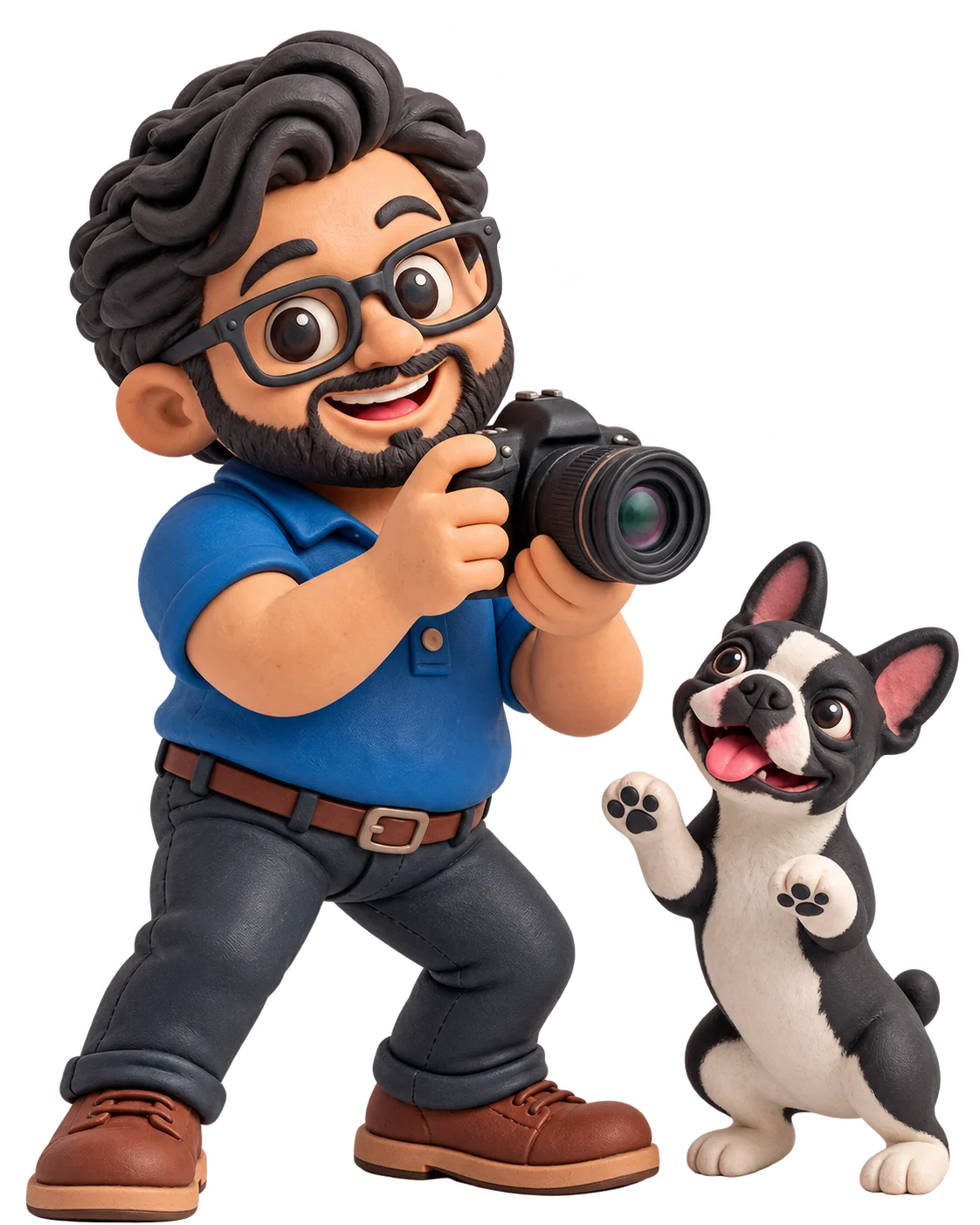 Clay photographer with SLR camera and playful Boston terrier posing