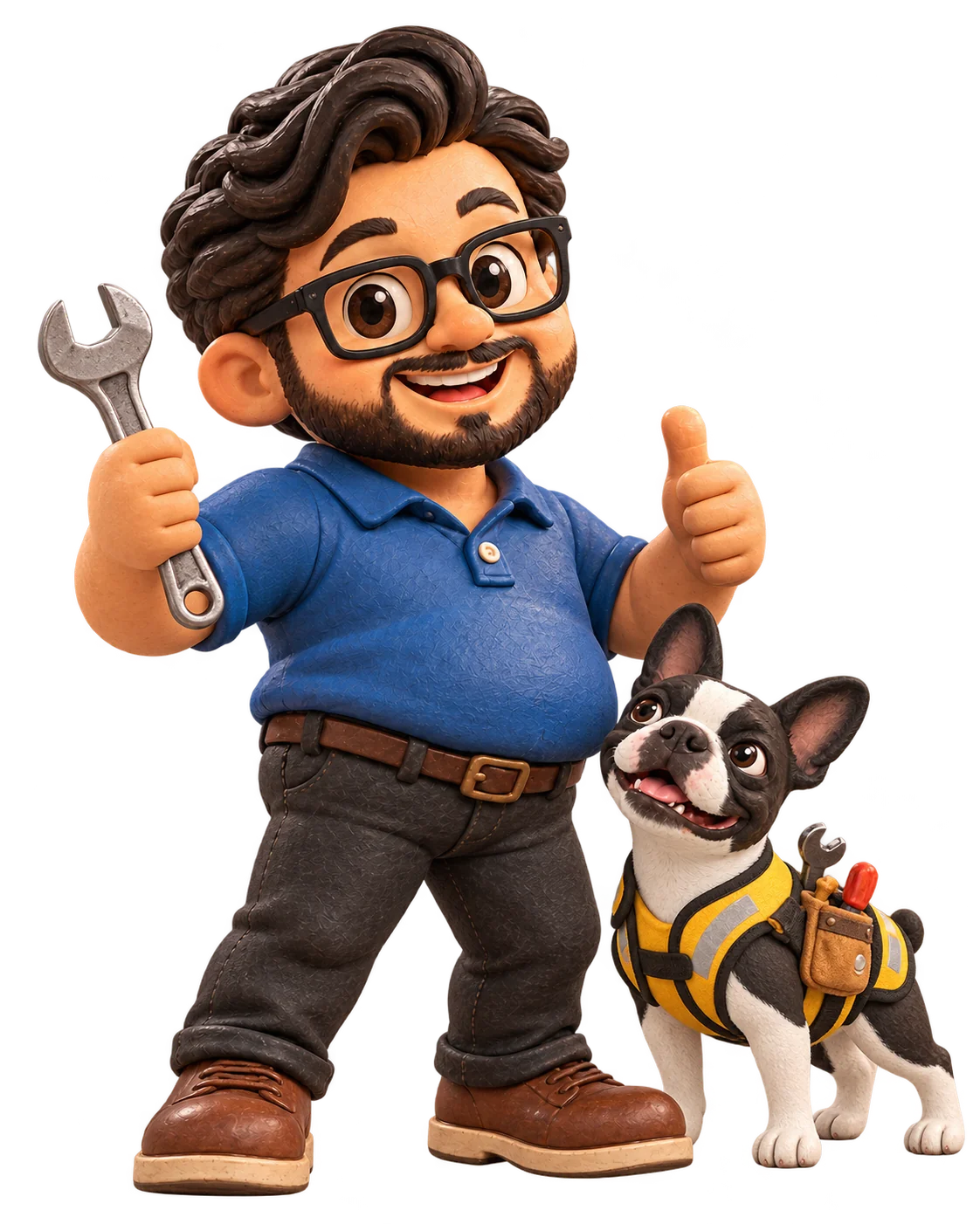 Handmade clay designer holding a wrench with Boston terrier in a small work vest