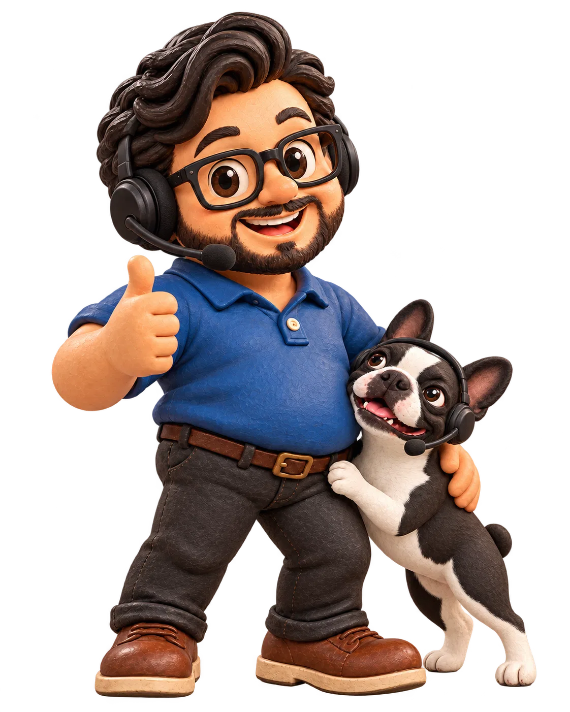 Clay mascot and Boston terrier wearing friendly customer-support headsets